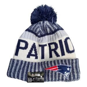 NFL New Era Patriots One Size Pom Pom Cuffed Winter Beanie Blue Gray Knit New
